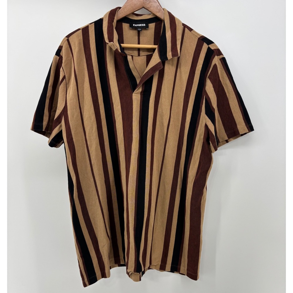 Express Johnny Collar Polo Shirt Men's XL Brown Vertical Stripe Short Sleeve